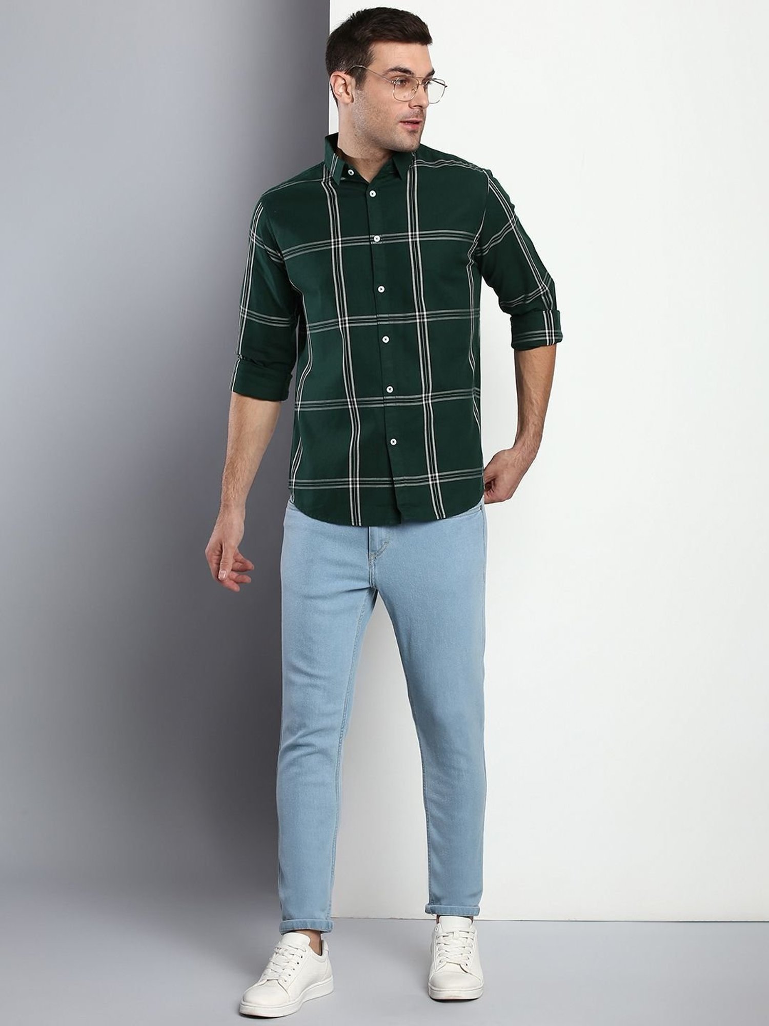 Dennis Lingo Green Cotton Slim Fit Checks Shirt