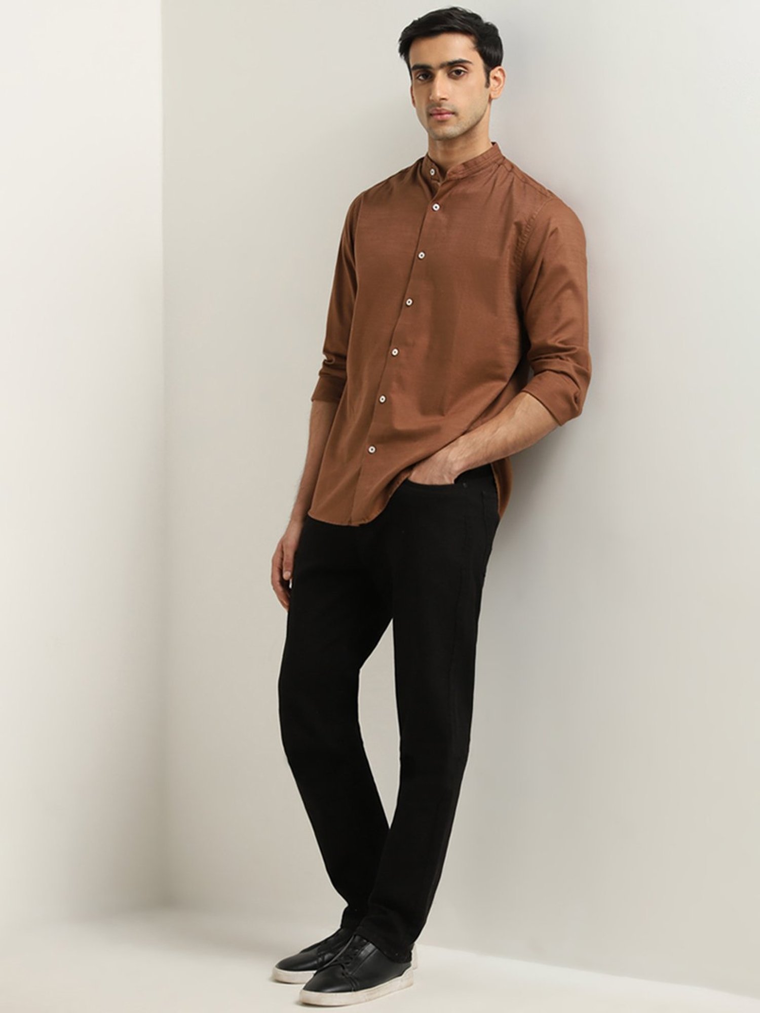 Ascot by Westside Tan Solid Relaxed-Fit Cotton Shirt