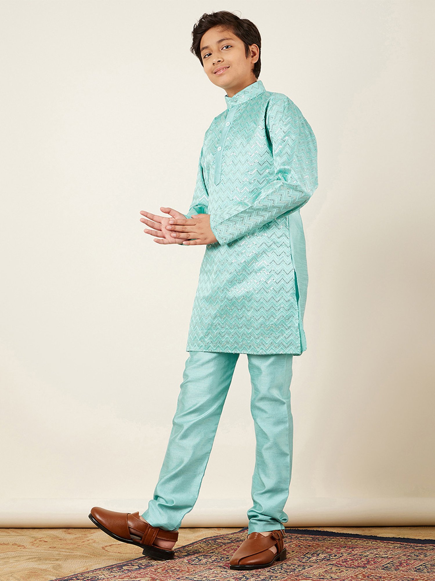 AJ Dezines Kids Beige Embellished Full Sleeves Kurta with Pyjamas