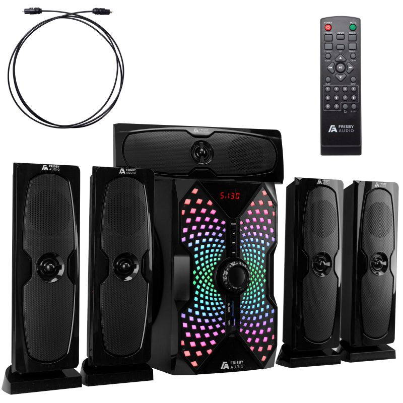 Frisby Audio 125 Watt Home Theater 5.1 Surround Sound Speaker System with Subwoofer, Bluetooth Wireless Streaming from Devices & Media Reader, RGB LED Pulse Lighting, Digital Optical Input &ndash; Black