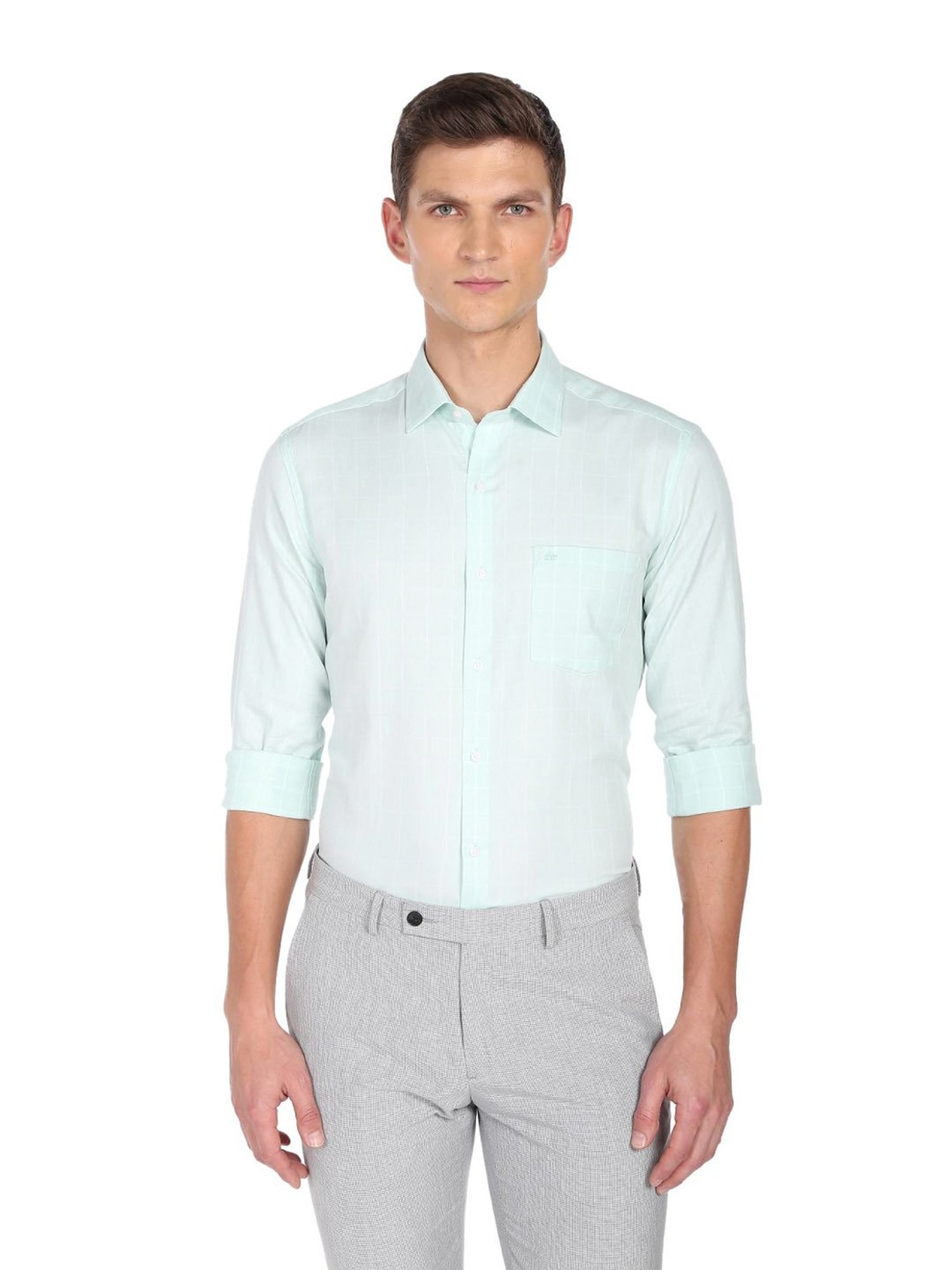 Arrow Mint Green Cotton Slim Fit Checks Shirt