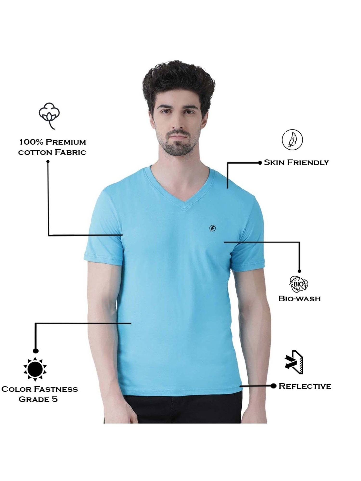 Friskers Grey & Turquiose Blue Cotton Slim Fit T-Shirt