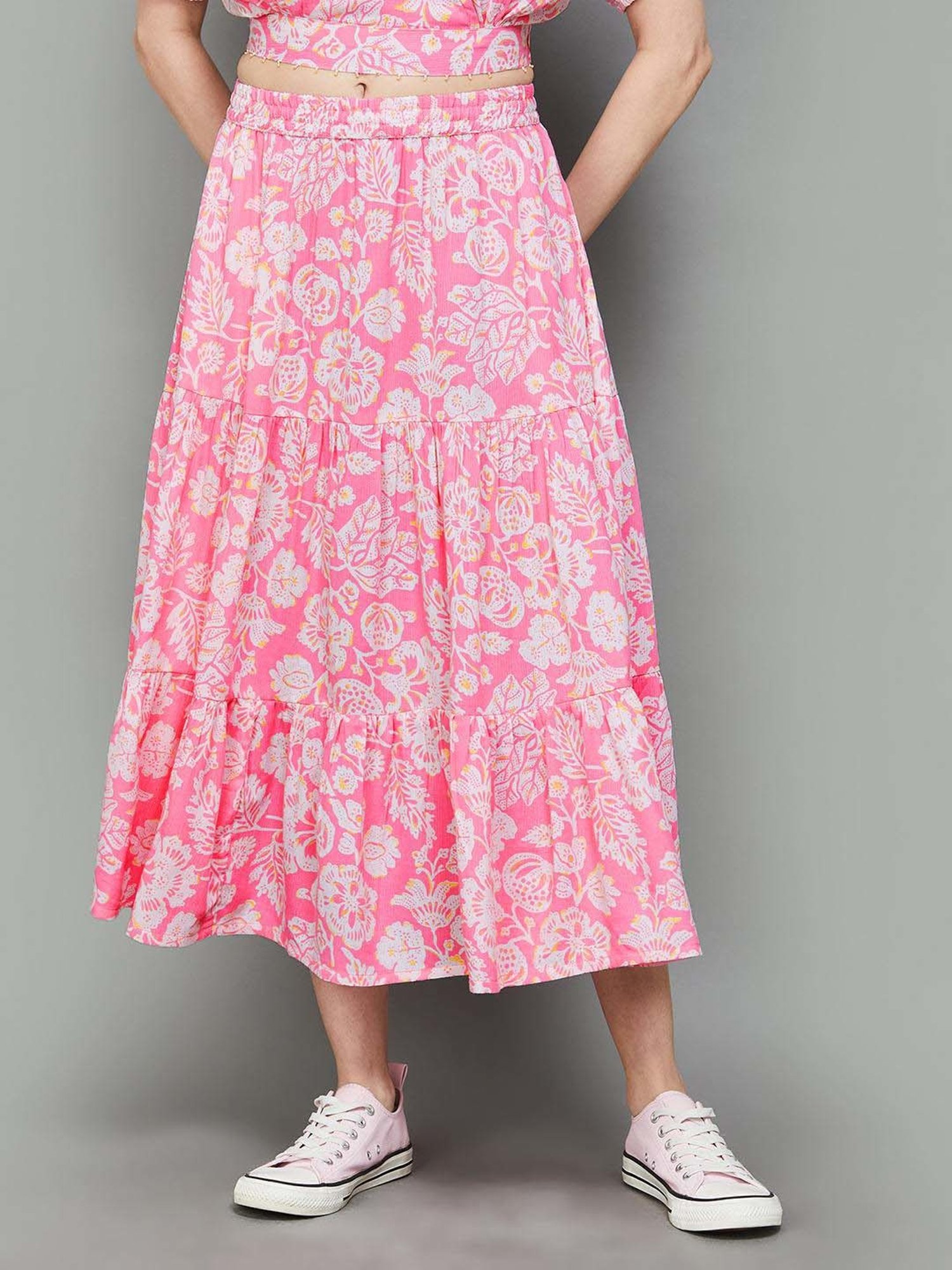 Colour Me by Melange Pink Printed A-Line Skirt