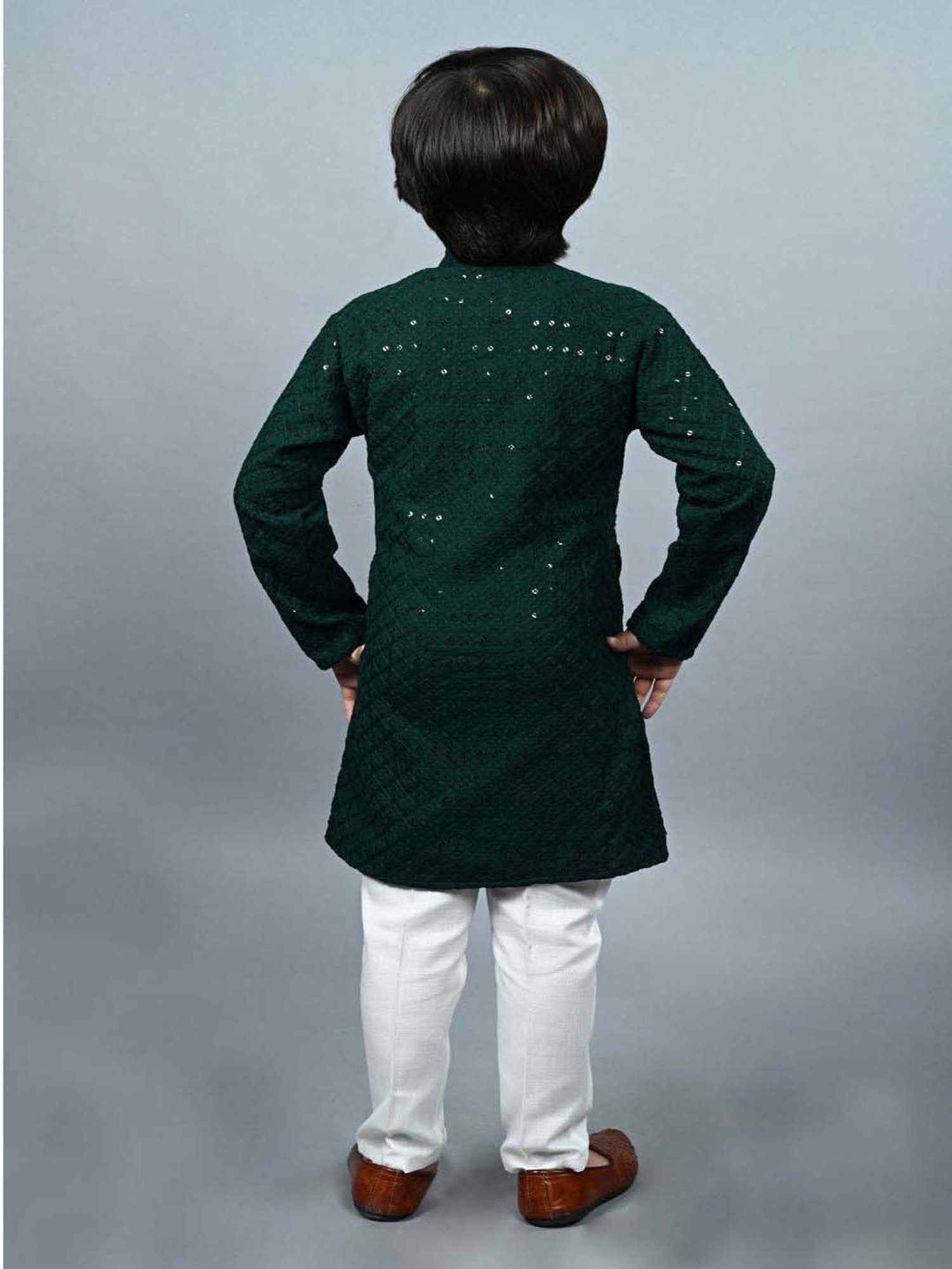 Ahhaaaa Kids Green Cotton Embellished Full Sleeves Kurta Set