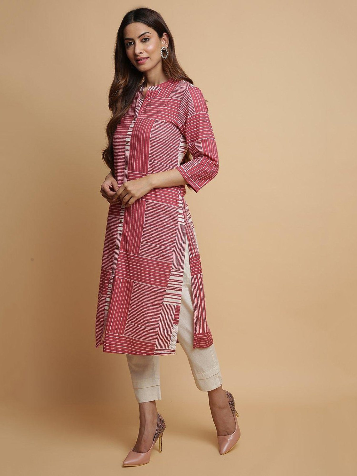 Biba Red & Off White Striped Kurta Pant Set