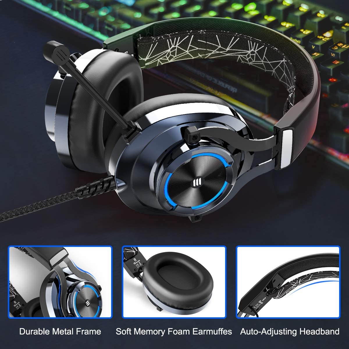 EKSA E3000 USB Gaming Headset PS4 Xbox One Headset with Noise Cancelling Mic & RGB Light - Gaming Headphones for PC, Laptop, Xbox One Controller (Adapter Not Included), PlayStation 4, Nintendo Switch