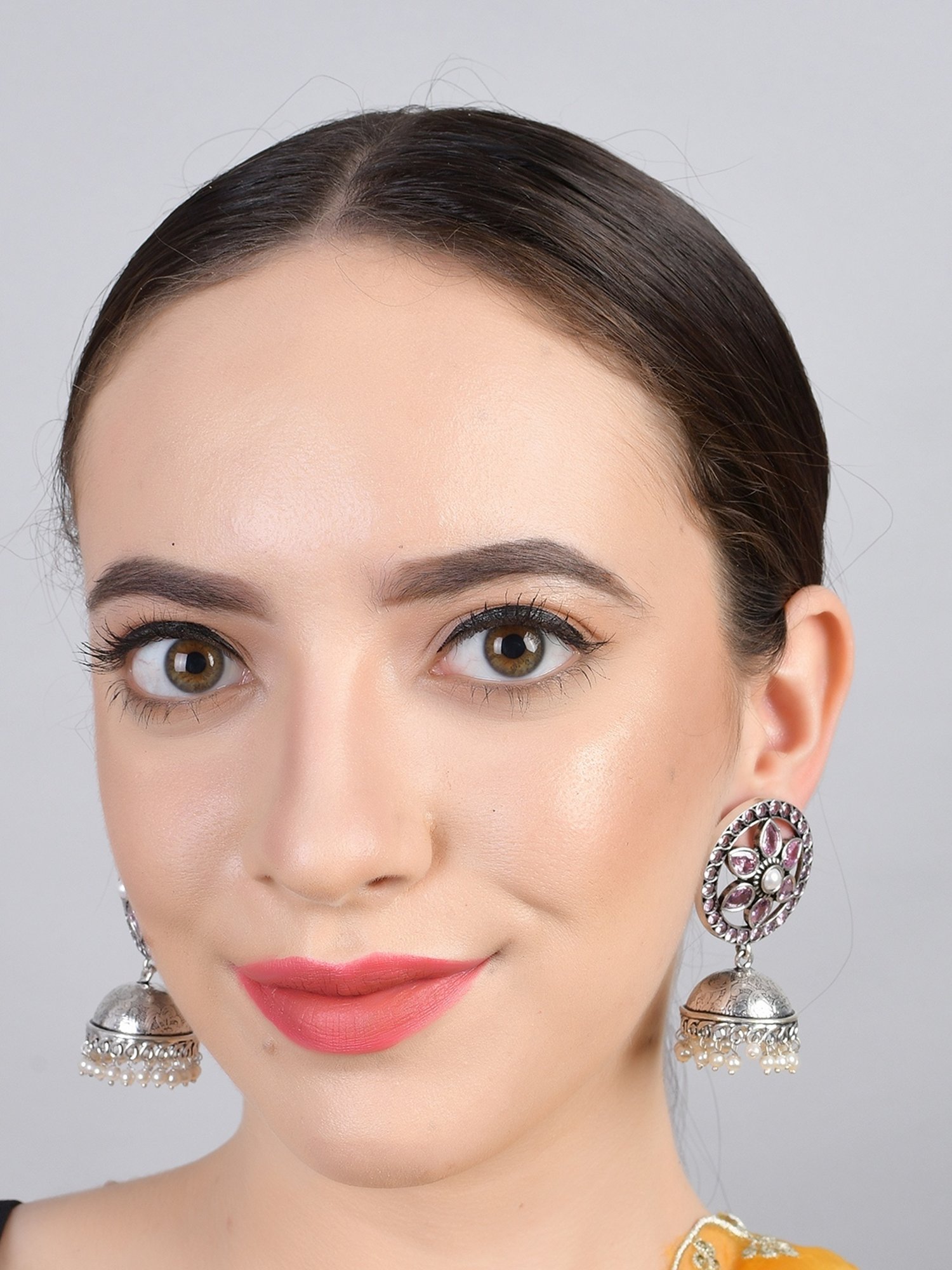 Imli Street Pink-White Silver Tone Stone-Studded Handcrafted Jhumki Earrings