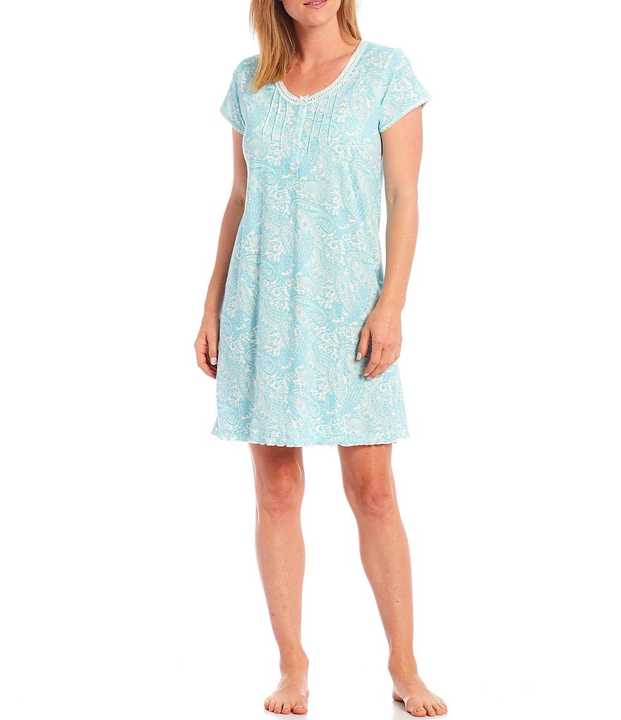 Miss Elaine Petite Silky Knit Square Neck Short Sleeve Checked Print Short Nightgown