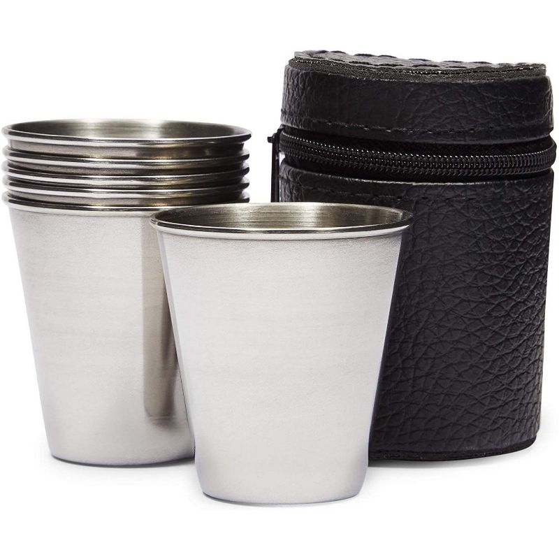 Okuna Outpost 6 Pack Stainless Steel Shot Glasses Cup Drinking Tumbler with Leather Case (70 ml, 2.3 oz)