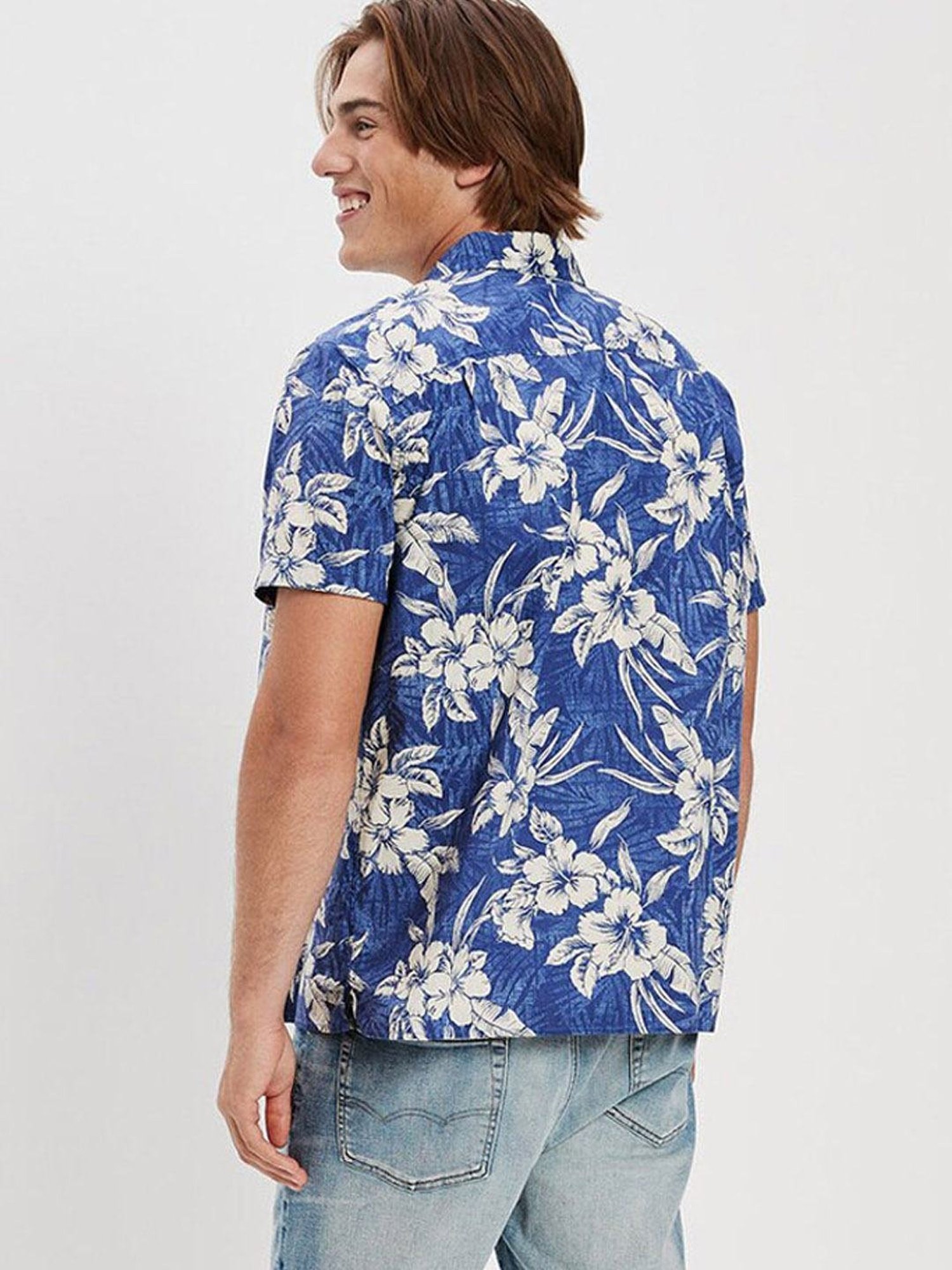 American Eagle Blue Cotton Regular Fit Printed Shirt