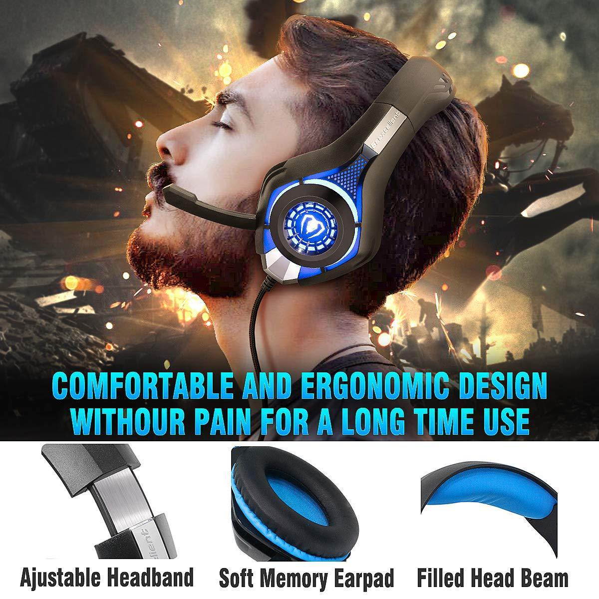 beexcellent usb headset, 7.1 surround sound computer gaming headset, pc headset with noise canceling mic volume control led light for pc mac laptop