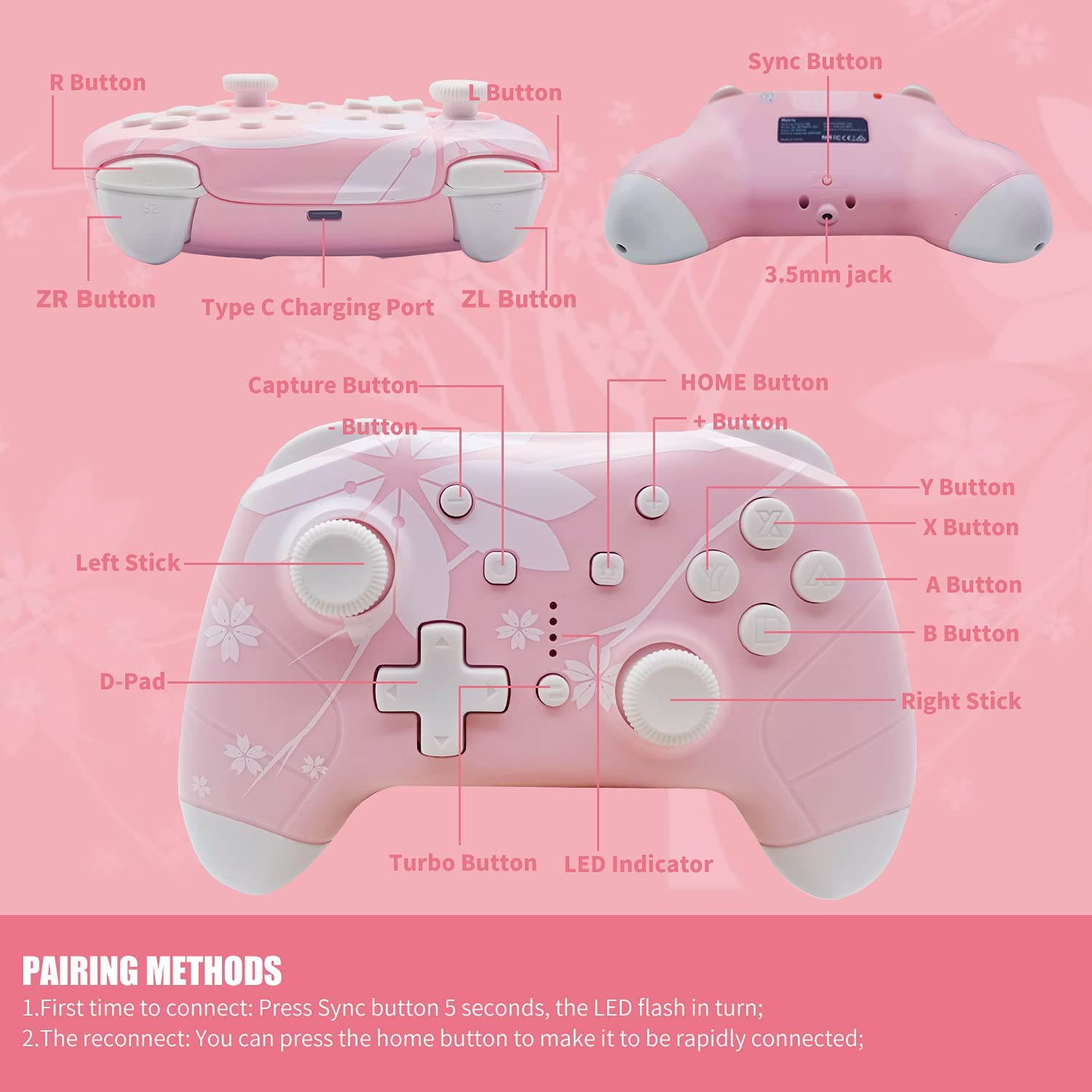 Wireless Controller for Nintendo Switch/Lite,  Wireless Pro Controllers with Auto-Fire Turbo, Motion Control, Wake-Up, Headphone Jack, Adjustable Vibration, Sakura Cherry Blossoms Pink