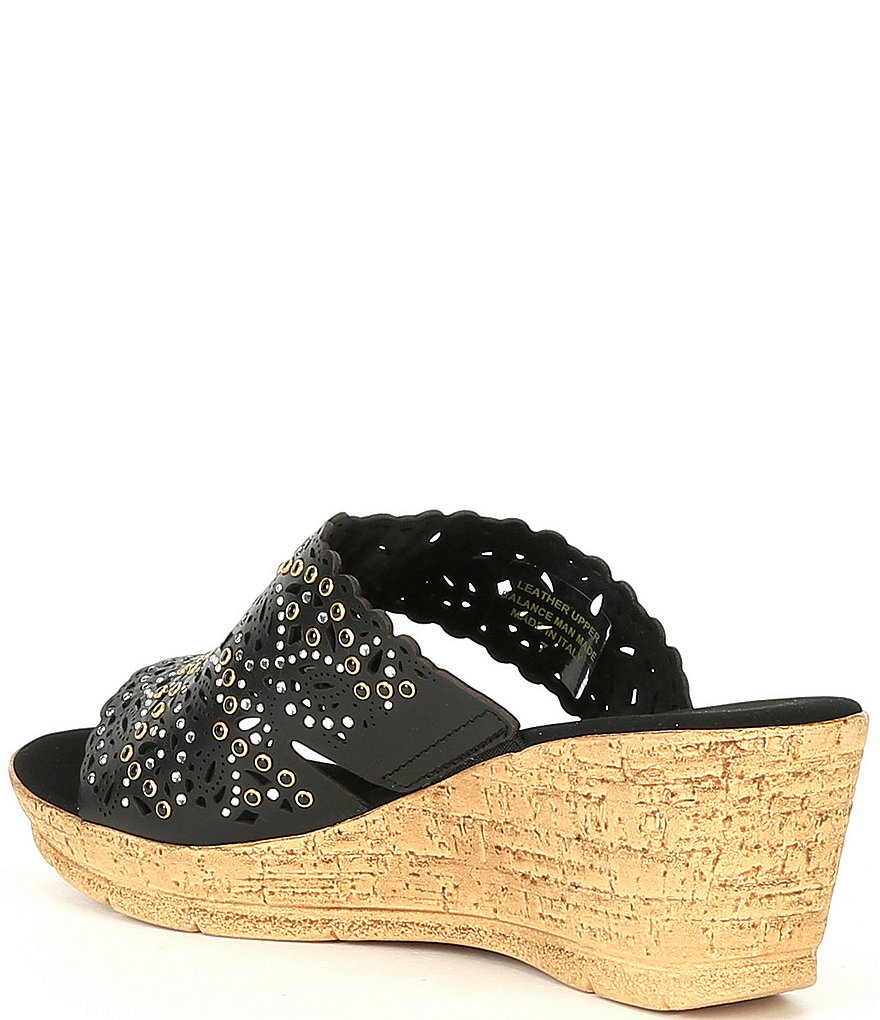 Onex Theresa Leather Perforated Studded Cork Wedge Slides