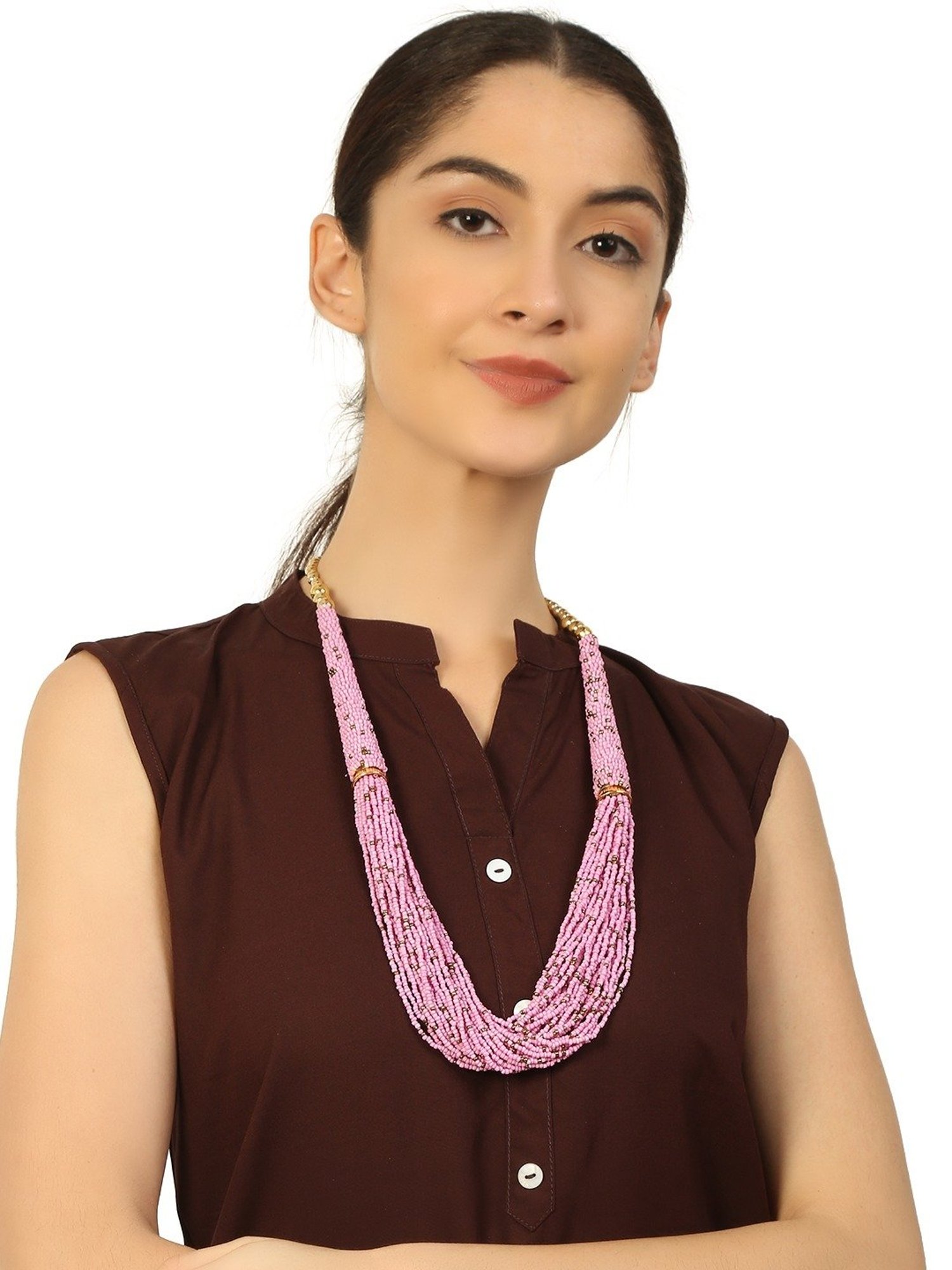 Imli Street Pink Golden Long Beaded Handcrafted Necklace