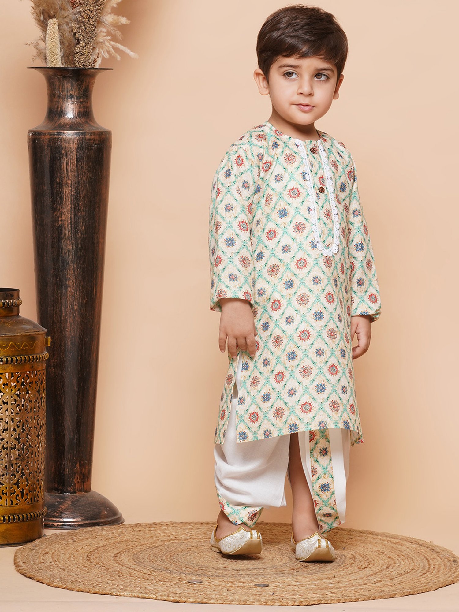AJ Dezines Kids Light Yellow & White Floral Print Full Sleeves Kurta with Dhoti