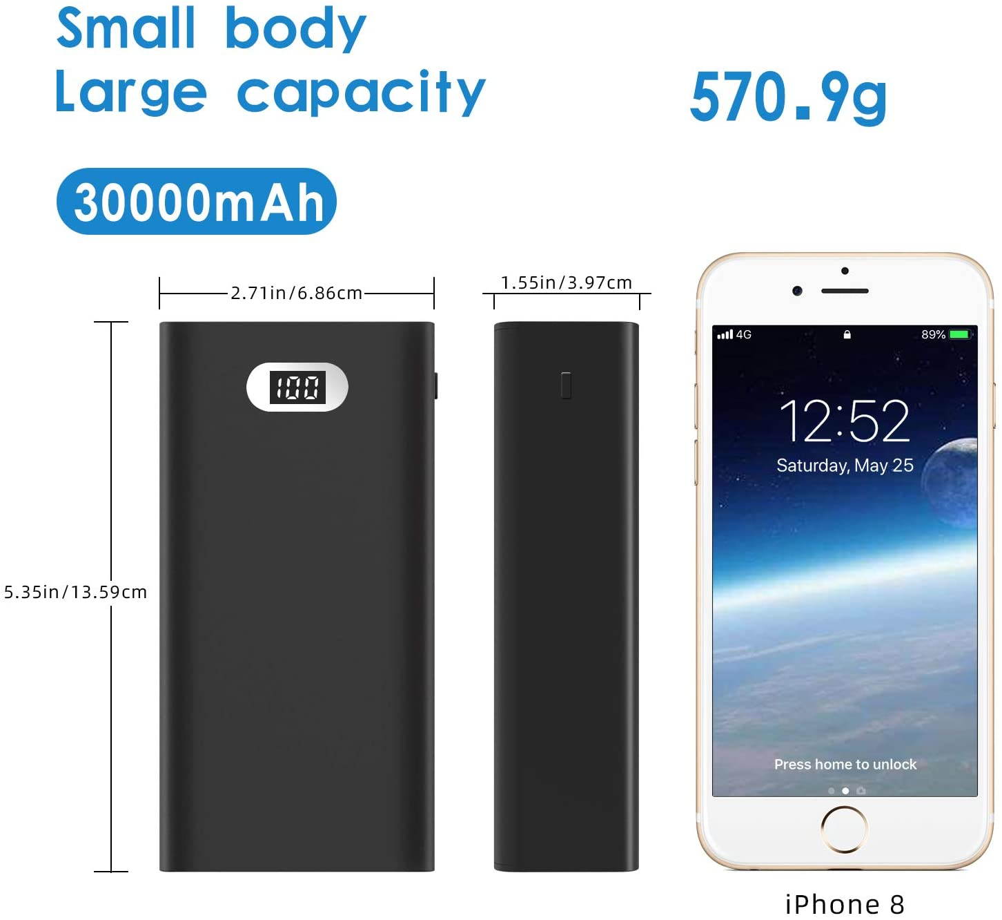 Portable Charger 30000mAh Power Bank External Battery Pack with LCD Digital Display Triple Intput and Dual Output Ports Compatible with All Smart Cell Phone, iPad and More