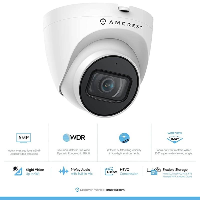 5MP UltraHD Outdoor Security IP Turret PoE Camera with MicAudio 5Megapixel 98ft NightVision 28mm Lens IP67 Weatherproof MicroSD Recording 256GB White IP5MT1179EW28MM