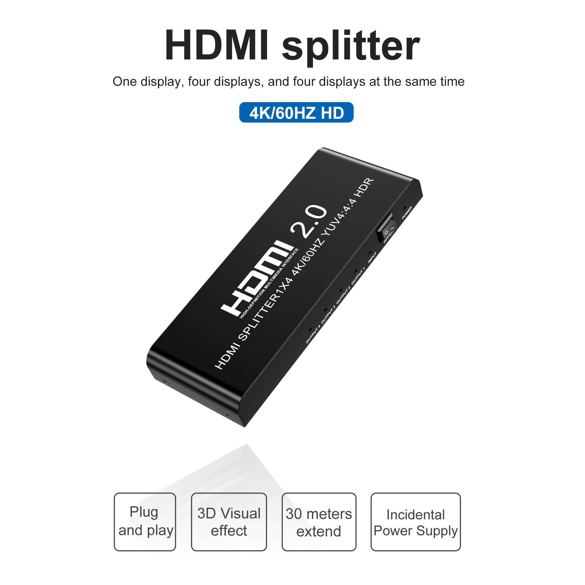 4K@60fs HDMI Splitter 1x4 HDMI 2.0 Splitter 4 Display (Same Time) 3.5mm Audio Output Optical SPDIF Toslink with Power Supply for HDTV Blu-ray DVD HD-DVD Players PS3 PS4 XBOX PC laptop