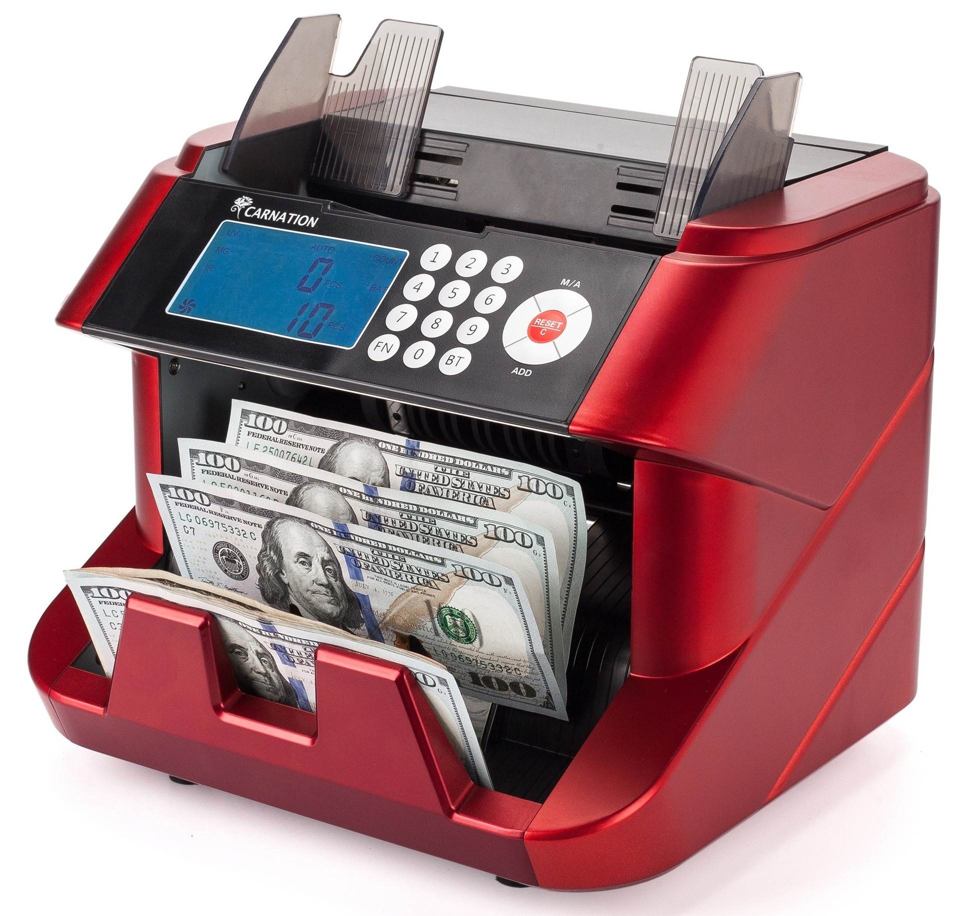 Carnation Bank Grade Bill Cash Counter by Carnation &ndash; Fast, User-Friendly Money Counting Machine &ndash; 4 Counterfeit Detection Functions (UV, MG, IR, DD) &ndash; Works Worldwide: Up to 7 Different Currencies