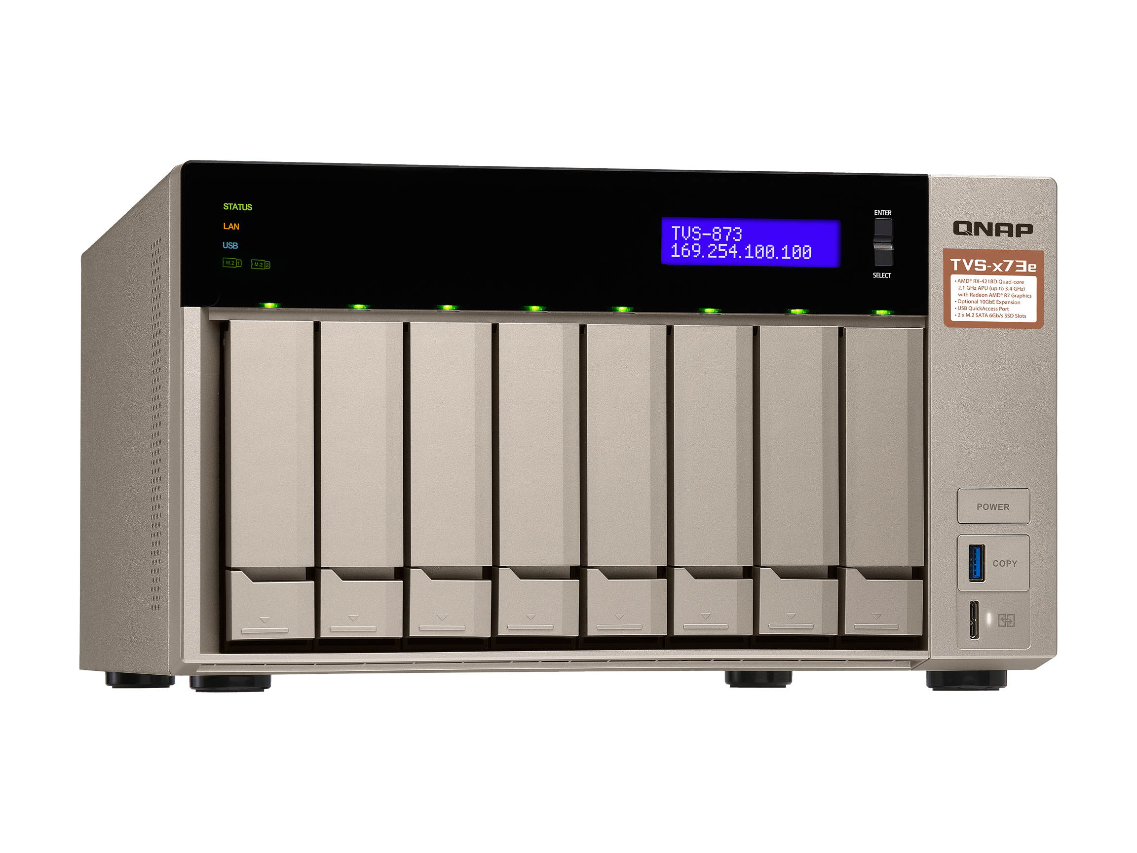 Qnap 8-bay NAS/iSCSI IP-SAN, AMD R series Quad-core 2.1GHz, 8GB RAM, 10G-ready (TVS-873e-8G-US)