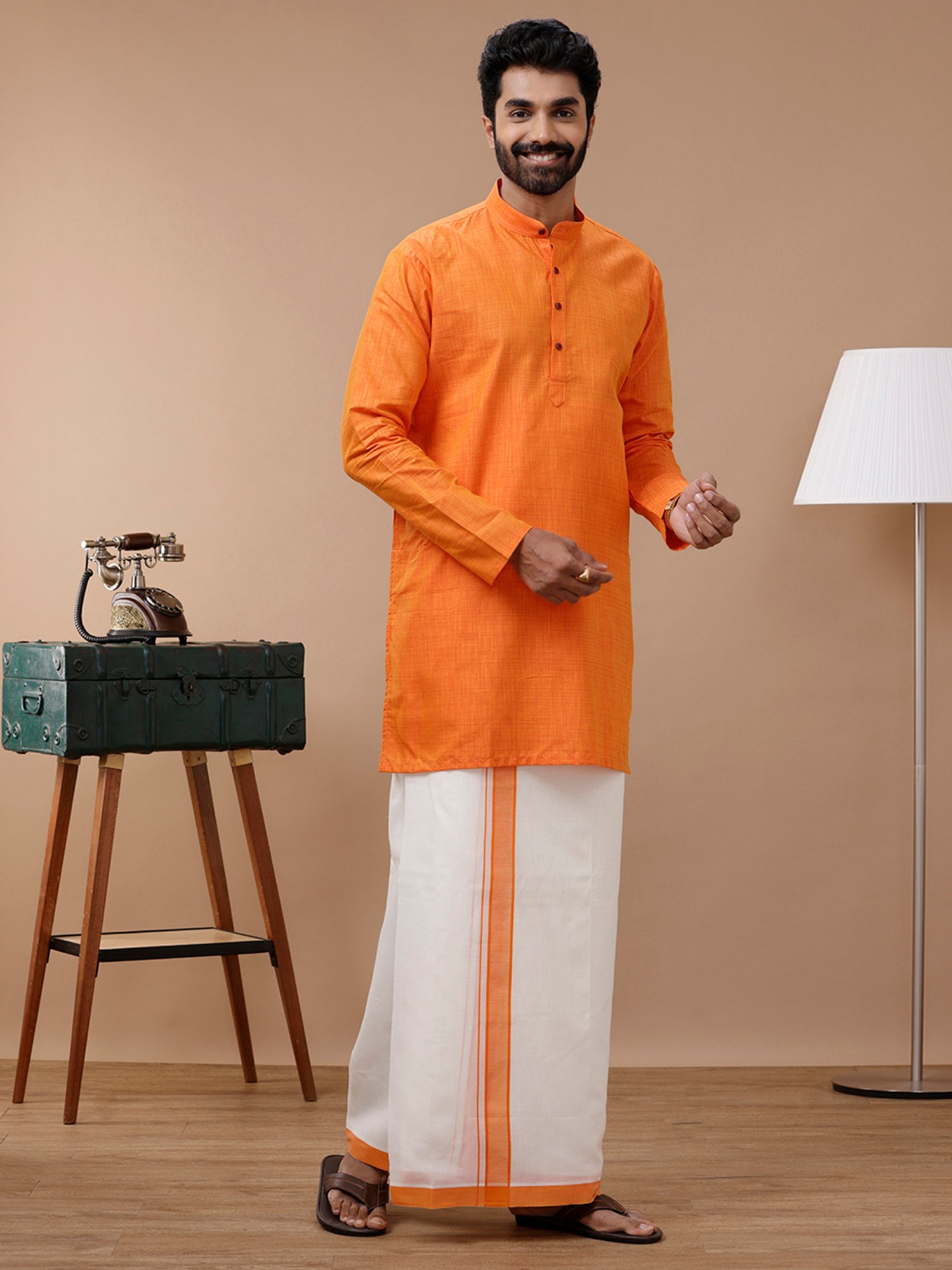 Ramraj Orange Cotton Regular Fit Kurta Set with Bottom