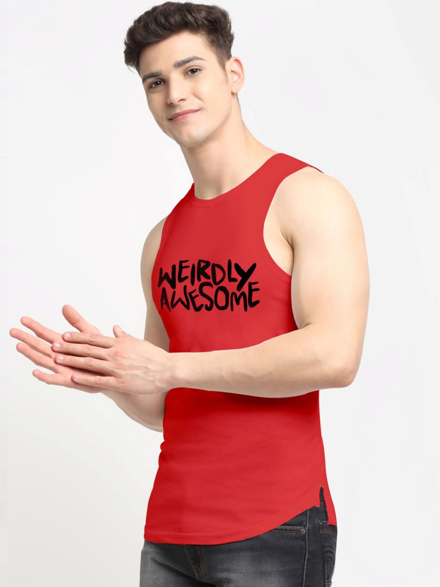 Friskers Red Cotton Slim Fit Printed Vest