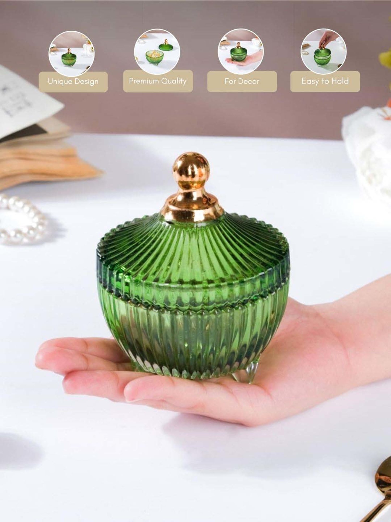 Nestasia vintage ribbed green small glass jar with knobbed Lid for housewarming Party (100 ml)