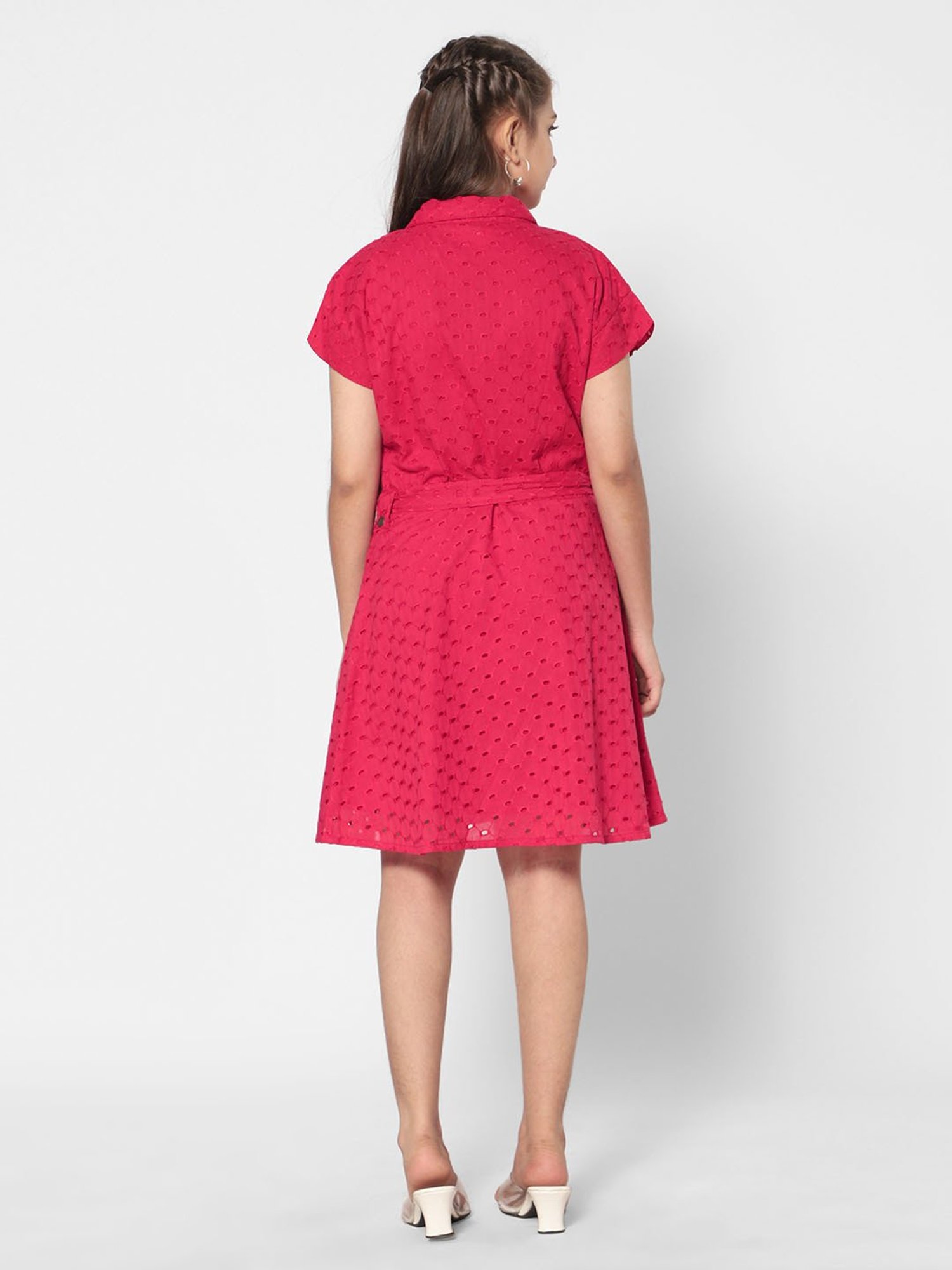 TeenTrums Girls Red Self Design Shirt Dress