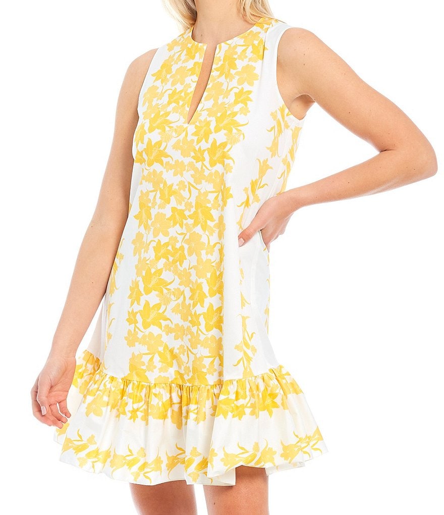 Sachin & Babi Amelia Split Neck Floral Print Cotton Poplin Flounce Hem Swing Dress