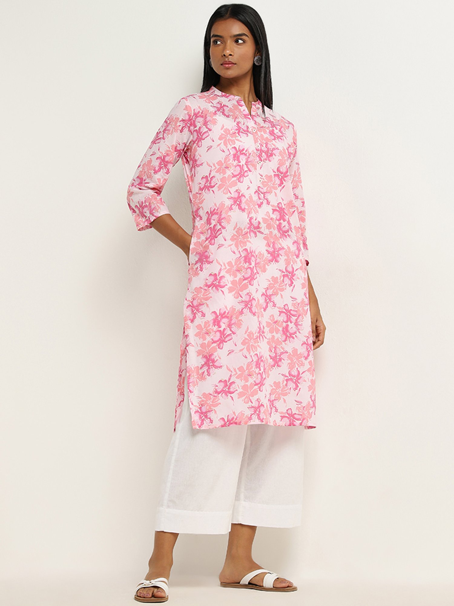 Utsa by Westside Pink Floral Design Straight Cotton Kurta