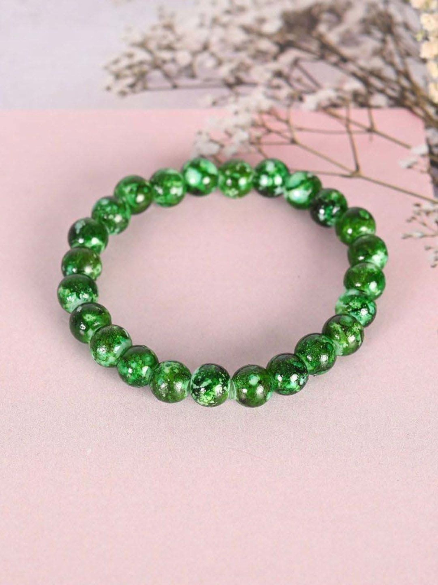 NVR Green Marble Crystal Beaded Elasticated Bracelet for Unisex