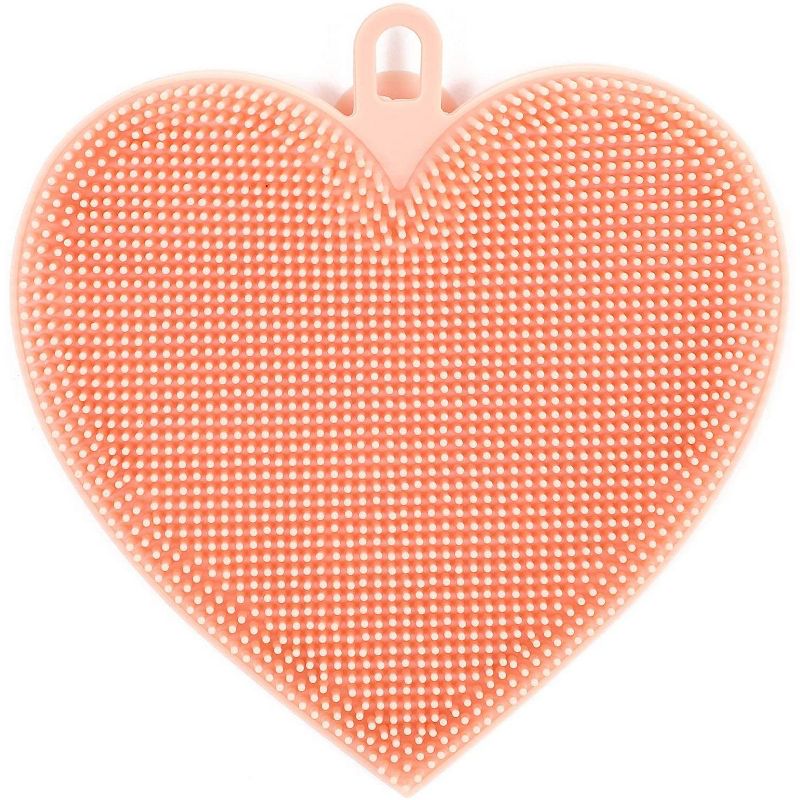 4-Pack Silicone Sponge Scrubber Kitchen Dish Cleaning Washing Brush Trivet Pad, 4.8"x5" Pink Heart