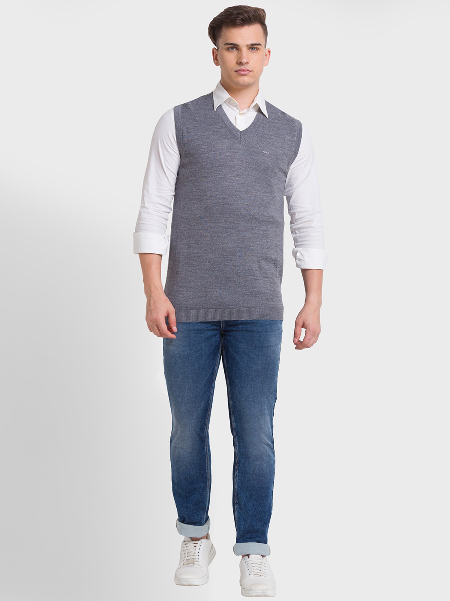 ColorPlus Grey Regular Fit Texture Sweaters