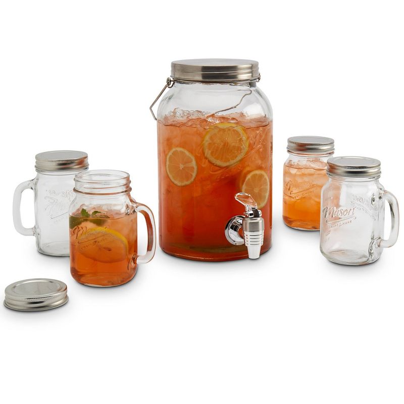 5pc Glass Beverage Dispenser and Drinkware Set - Mason Craft & More
