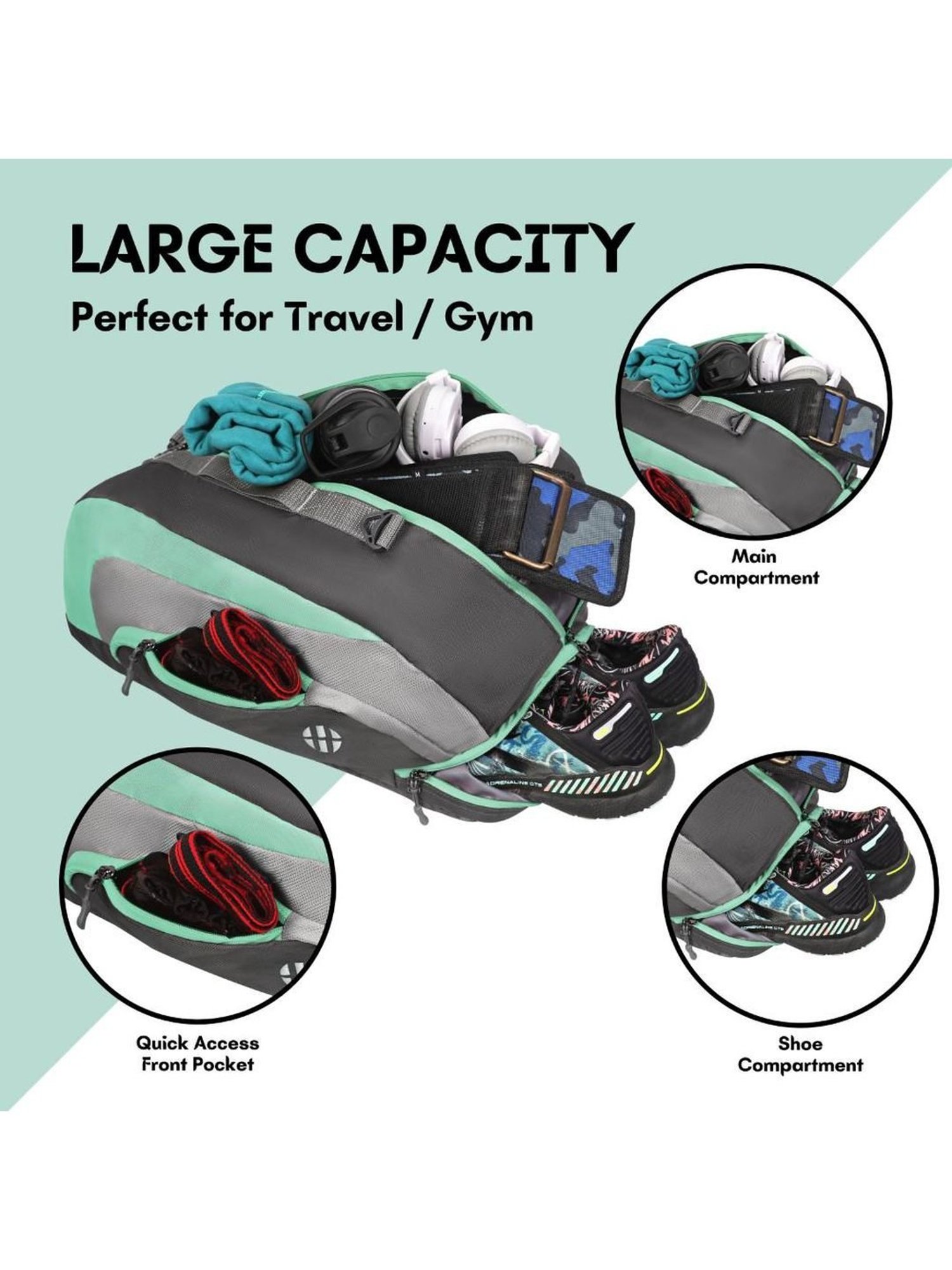 Harissons Jake Gym Grey & Mint Polyester Color Block Duffle Bag