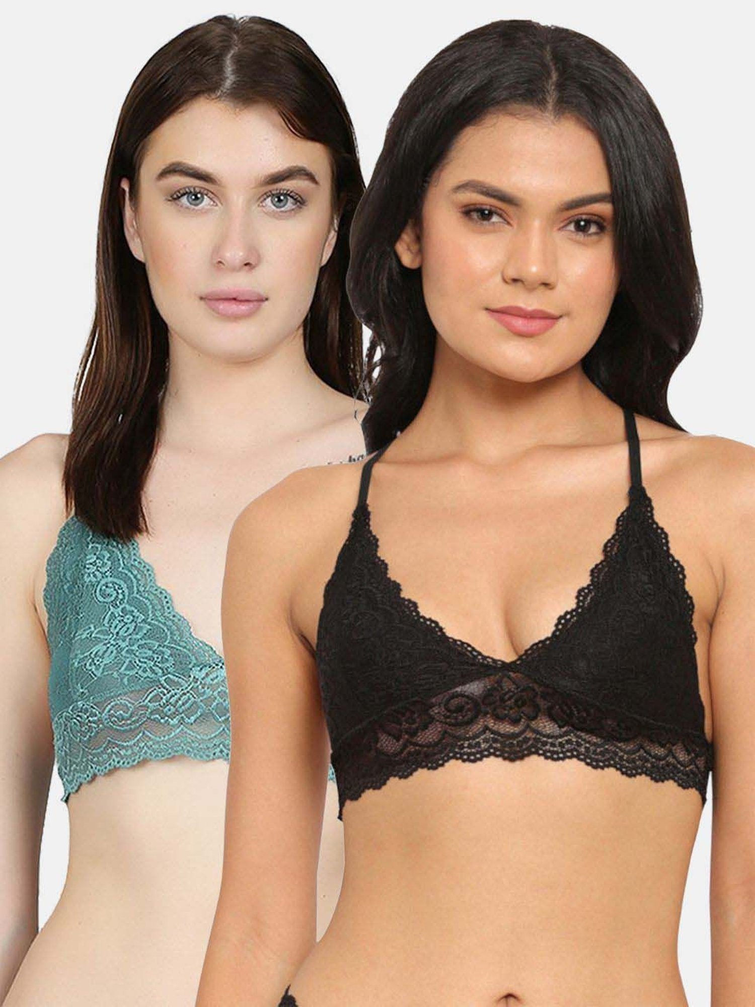 N-Gal Black & Green Lace Work Bralette Bras - Pack Of 2