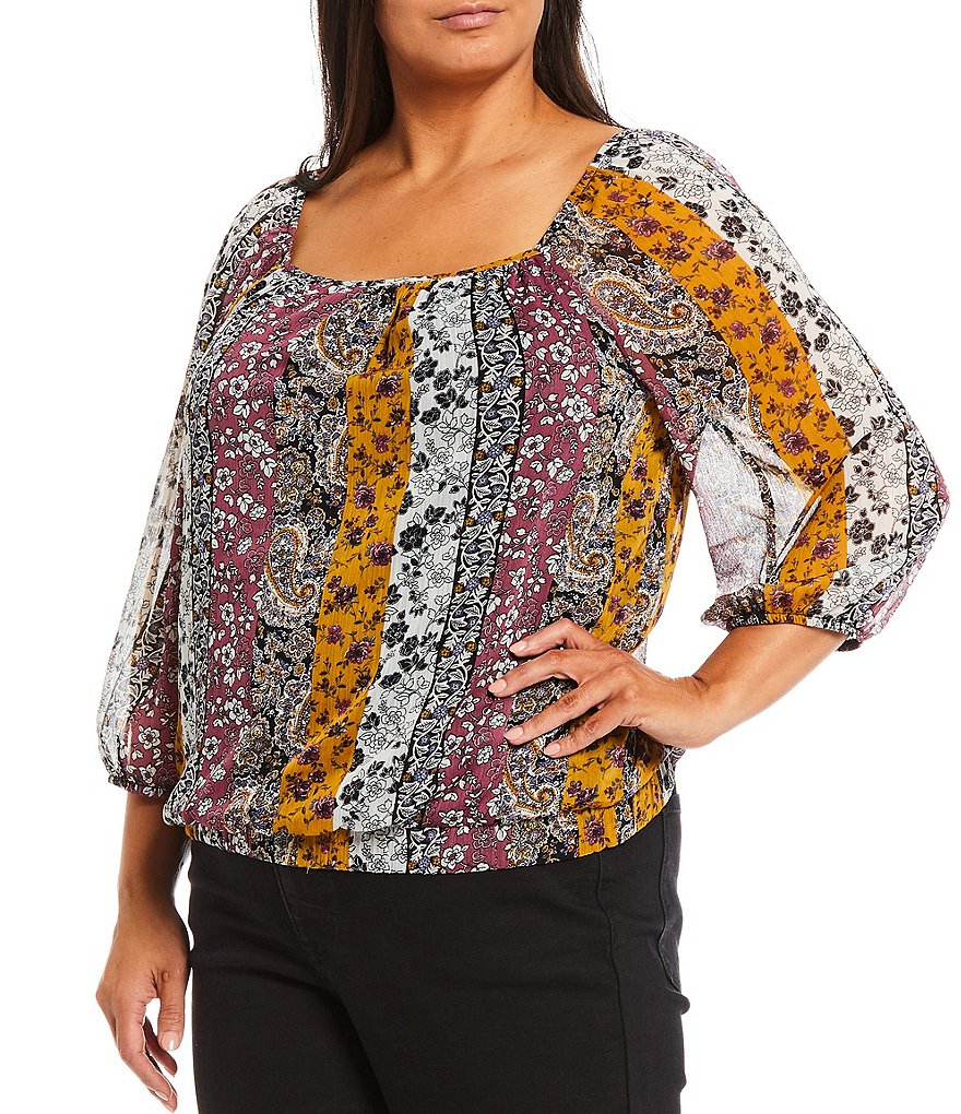 I.N. Studio Plus Size Paisley Floral Print Yoryu Square Neck Elastic Band Hem 3/4 Blouson Sleeve Top