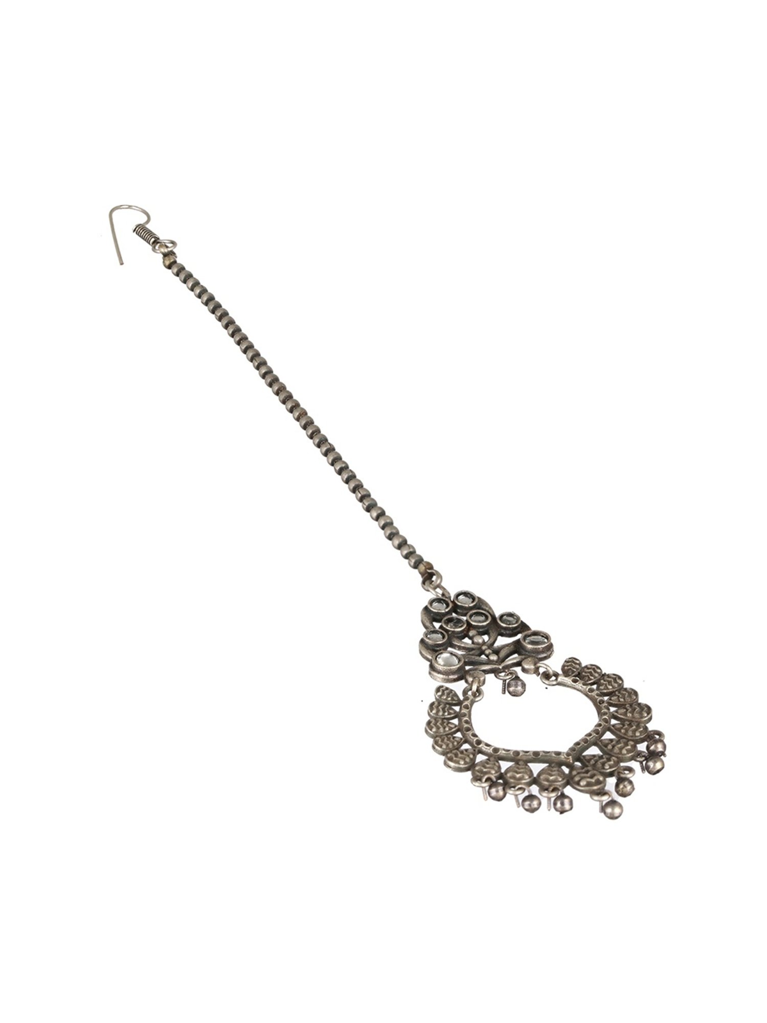 Priyaasi Aesthetic Studded Leaves Oxidized Silver Maangtikka