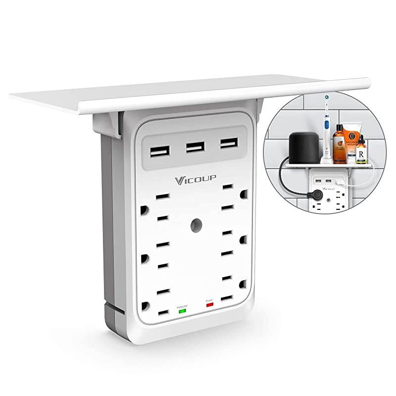 Socket Outlet Shelf  9 Port Multi Plug Wall Outlet Surge Protector 1080J with 3 USB Ports 34A Total and Super Convenient Shelf for Cell Phone Placement VI168