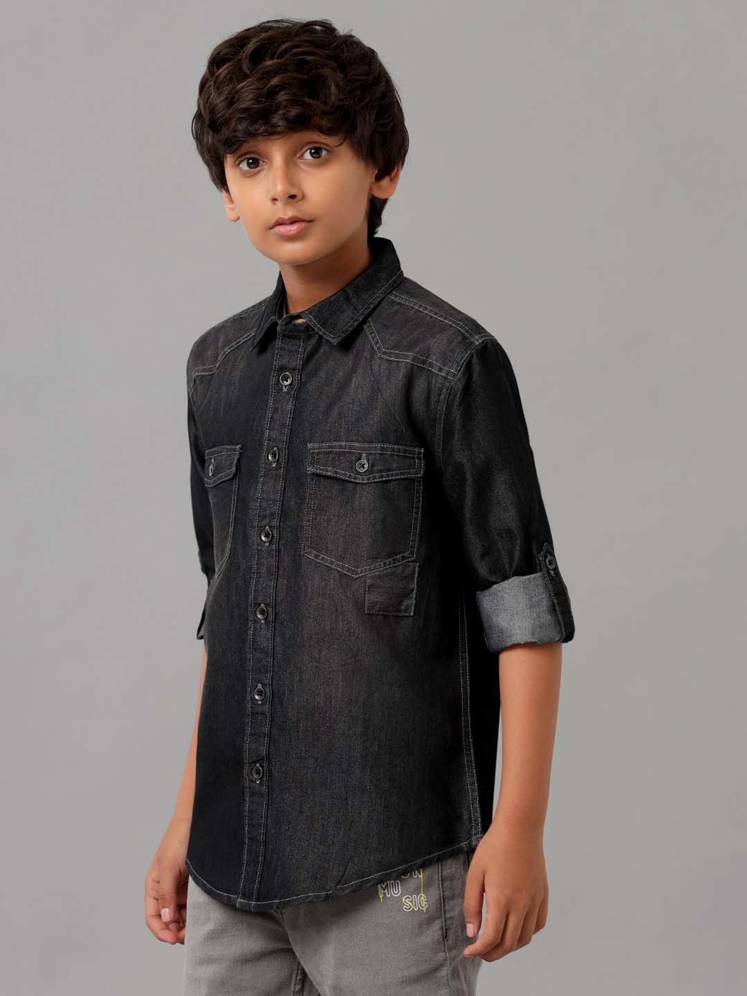 Under Fourteen Only Kids Black Cotton Printed Full Sleeves Shirt