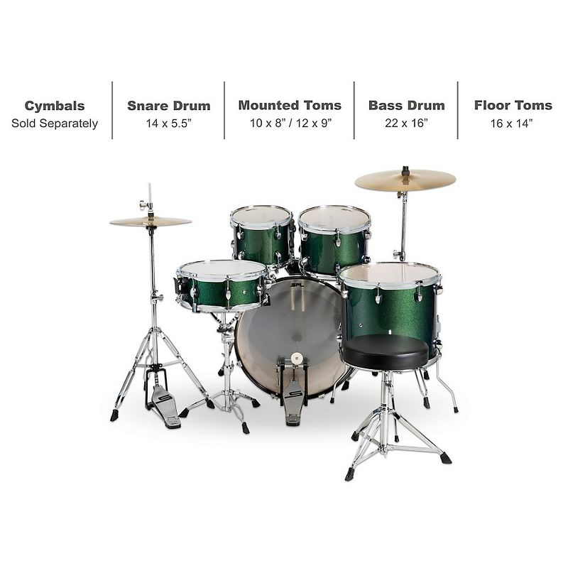 Sound Percussion Labs UNITY II 5-Piece Complete Drum Set With Hardware, Cymbals and Throne Pine Green Glitter