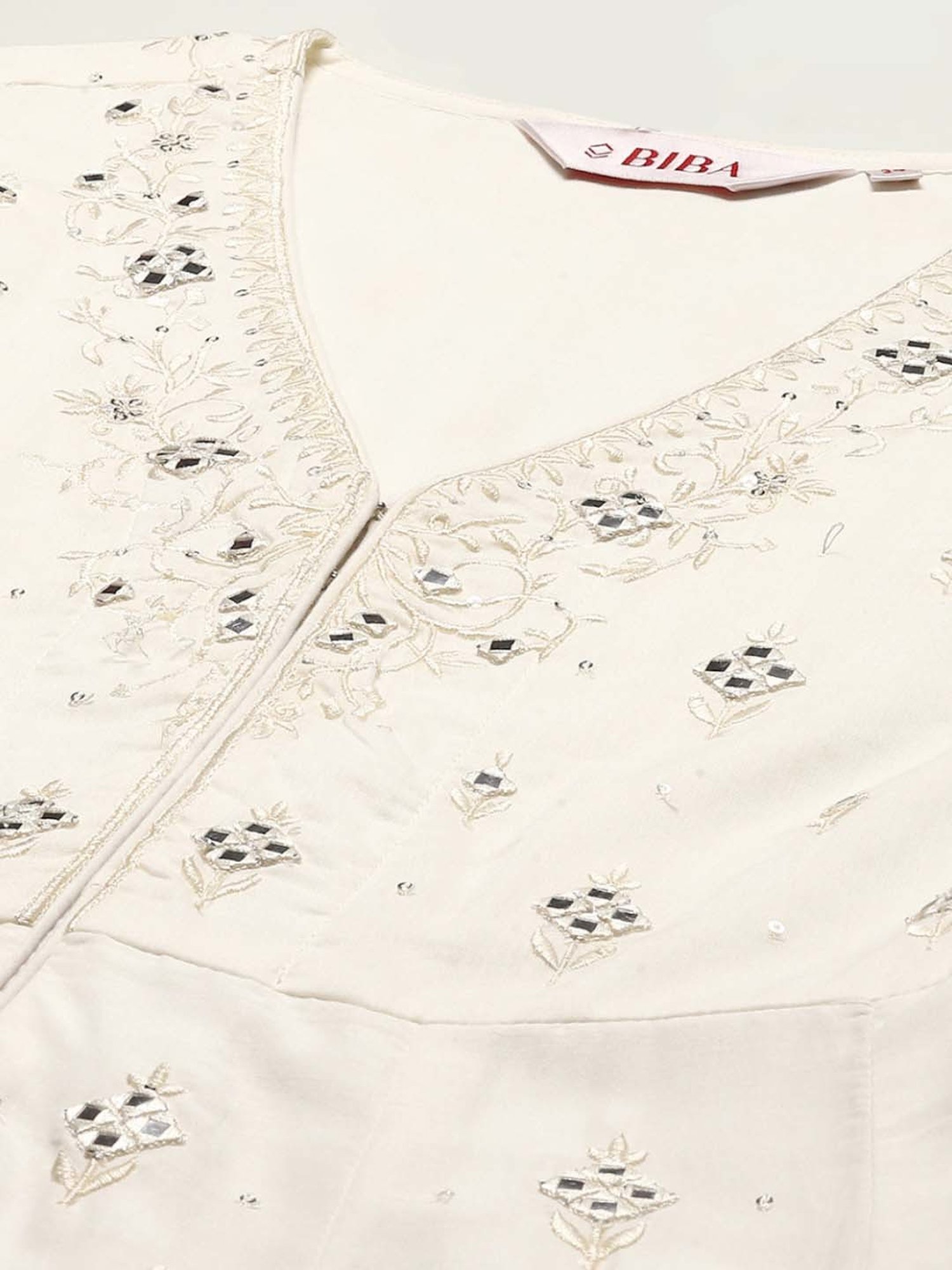 Biba Off-White Cotton Embroidered Kurta Skirt Set With Dupatta