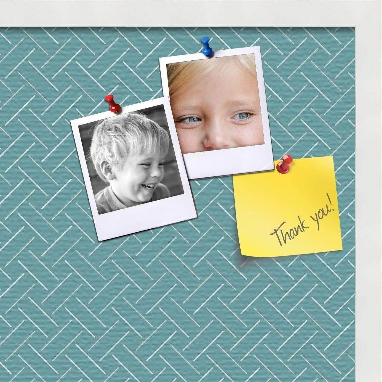 PinPix custom printed pin cork bulletin board made from canvas, Lattice Aqua 24x16 Inches (Completed Size) and framed in Satin White Frame (PinPix-Group-91)