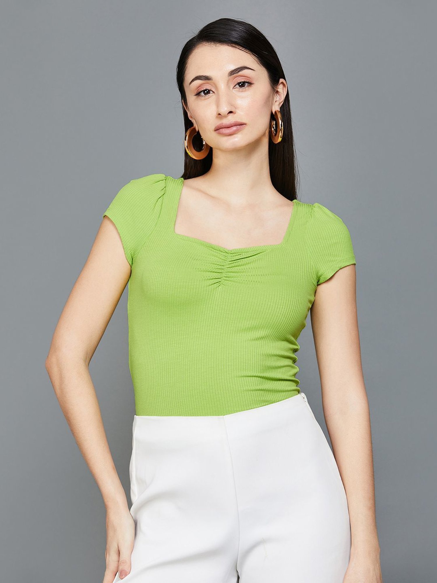 Code by Lifestyle Green Sweet Heart Neck Top
