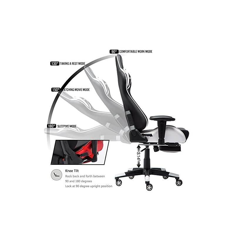 Gaming Chair Large Size High-back Ergonomic Racing Seat with Massager Lumbar Support and Retractible Footrest PU Leather 90-180 degree adjustment of backrest Thickening sponges (YK-6008-WHITE)