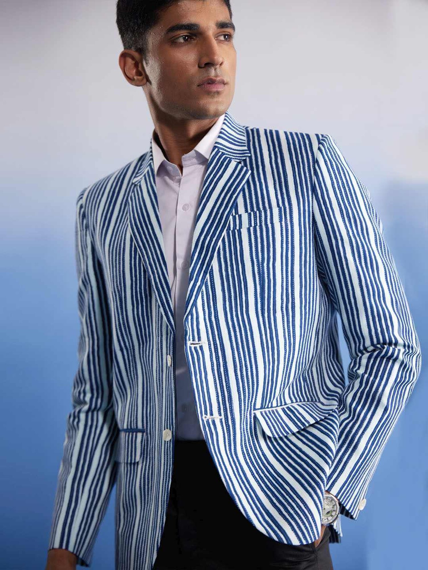 Vastramay Indigo Blue Cotton Regular Fit Striped Blazer