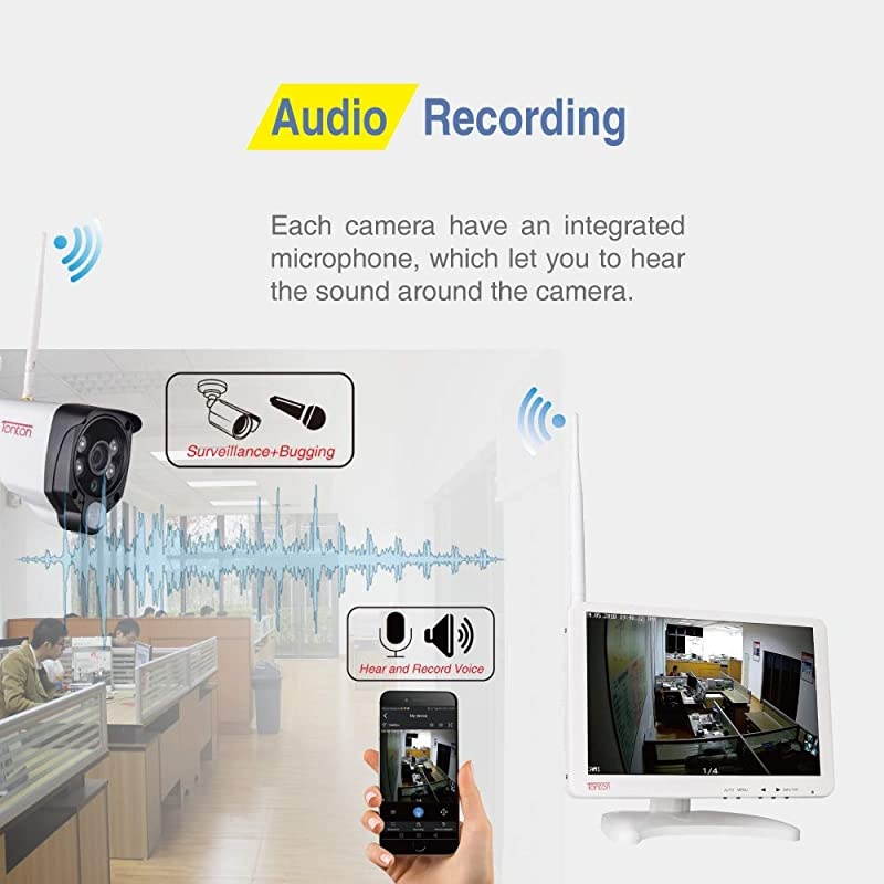 Audio Recording]  All-in-One Full HD 1080P Security Camera System Wireless with 10.1" IPS Monitor,8CH WiFi NVR,1TB HDD and 4PCS 2.0 MP Outdoor Bullet IP Cameras with PIR Sensor,Plug and Play