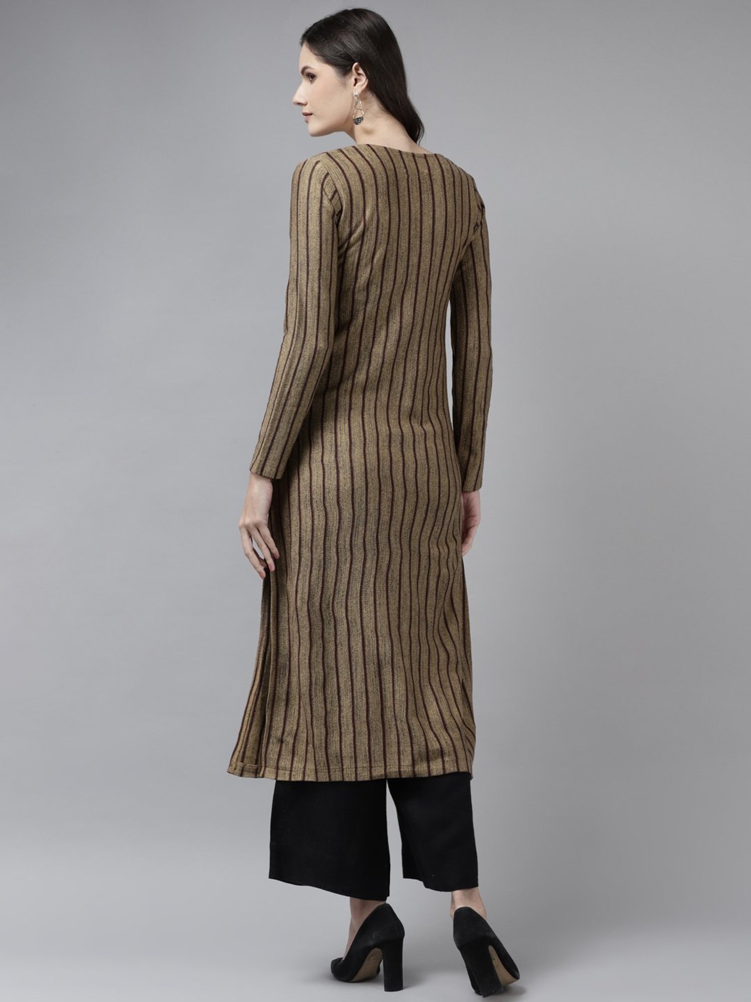 Cayman Camel Brown Wool Striped Straight Kurta