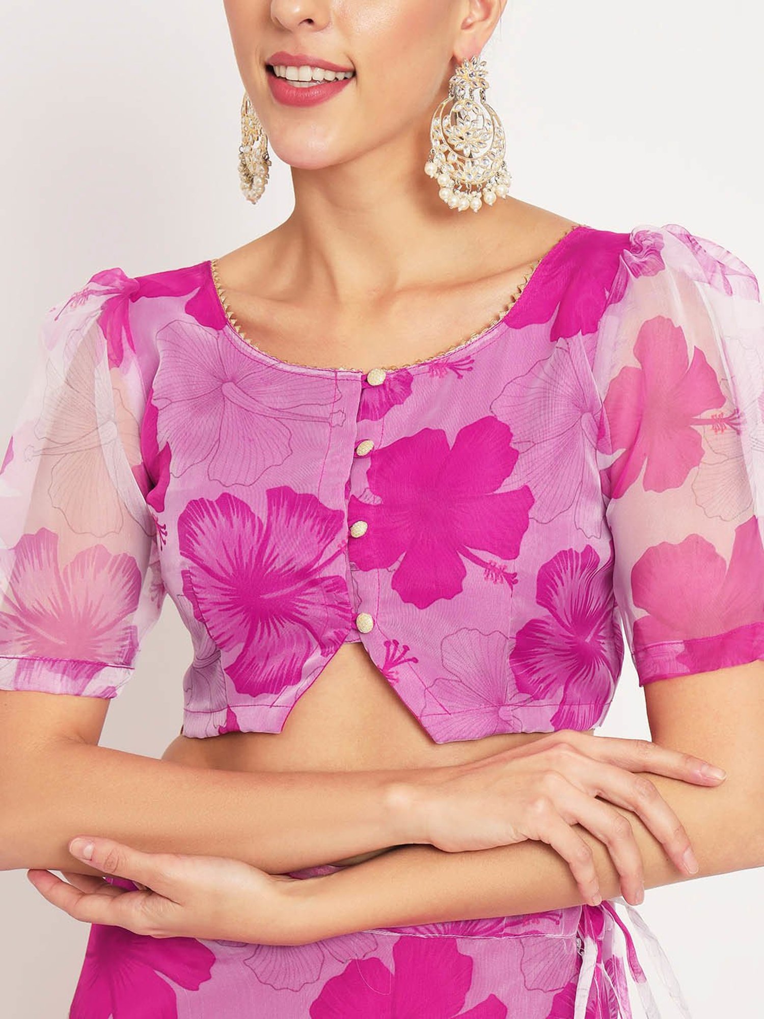 studiorasa White & Pink Organza Floral Print Lehenga Set