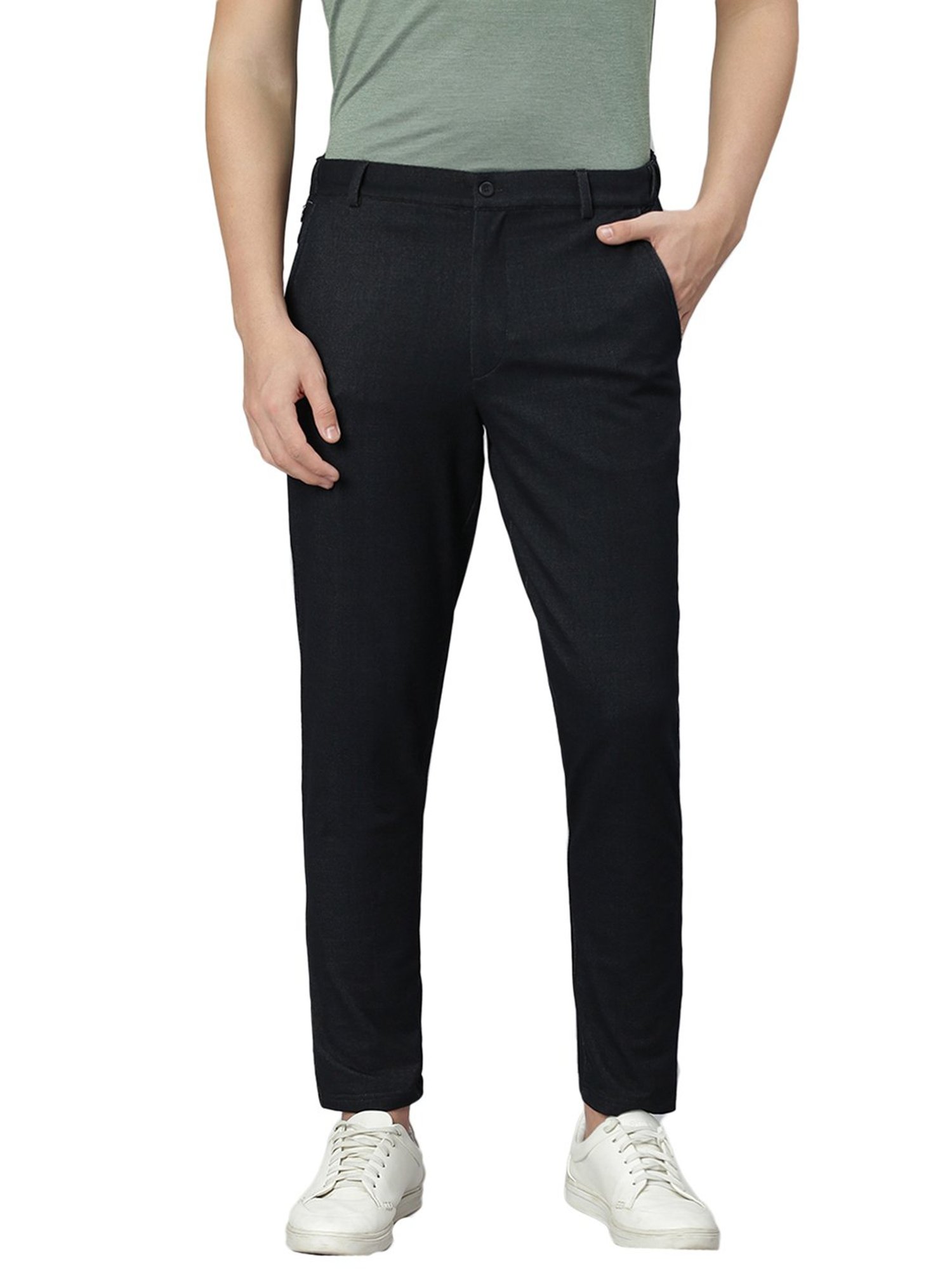 Slowave Black Regular Fit Denim Flat Front Trousers